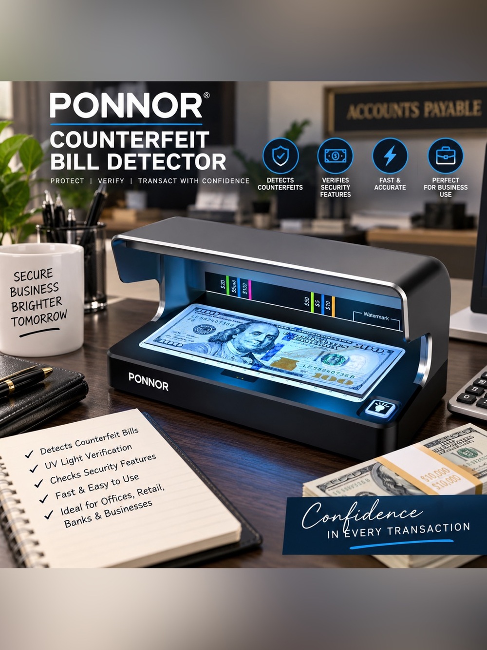 Ponnor Black Counterfeit Bill Detector with UV Light